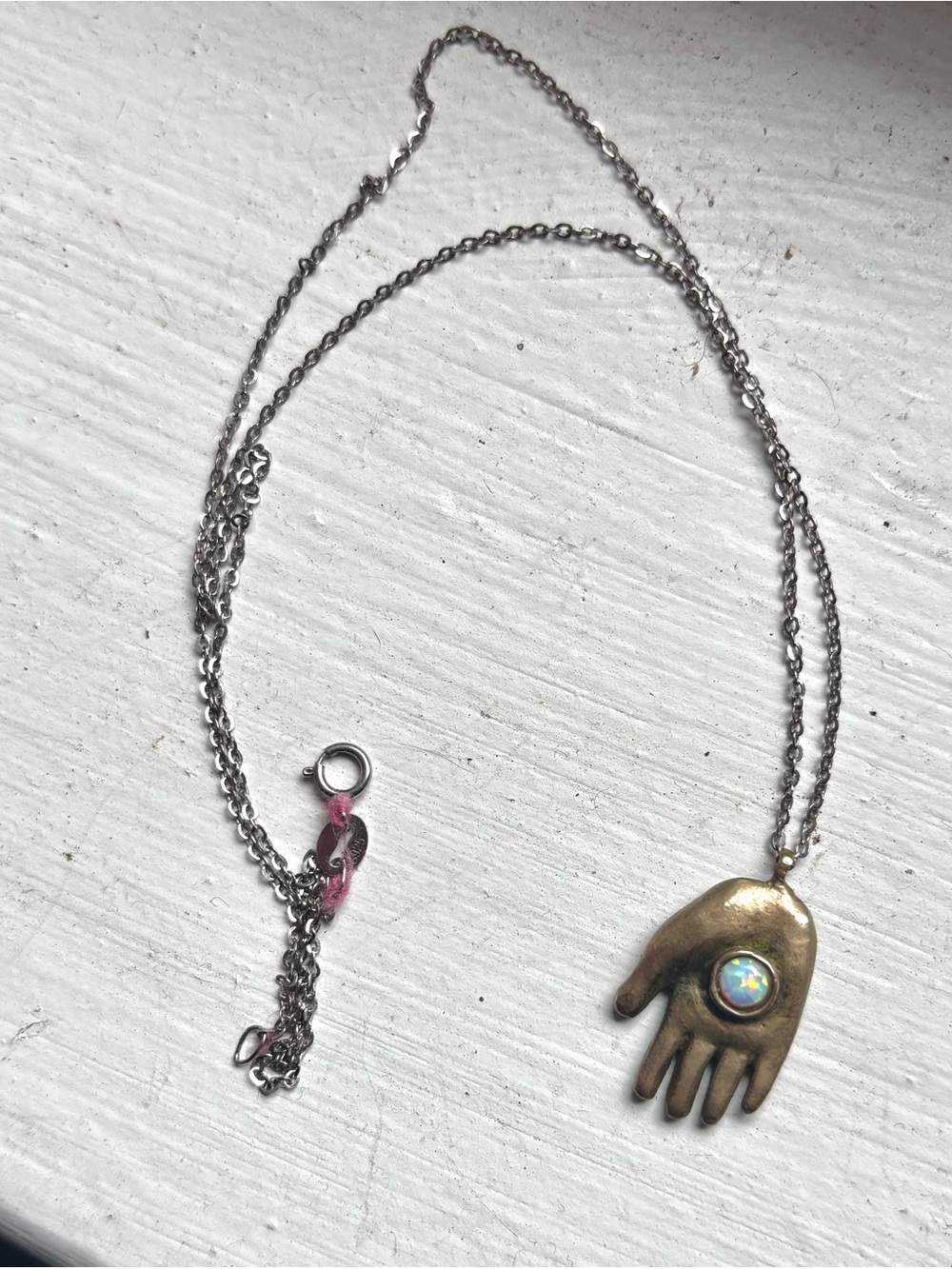 Hand Pendant Necklace with Opal Accent - Silver Chain, Brass Hand Charm